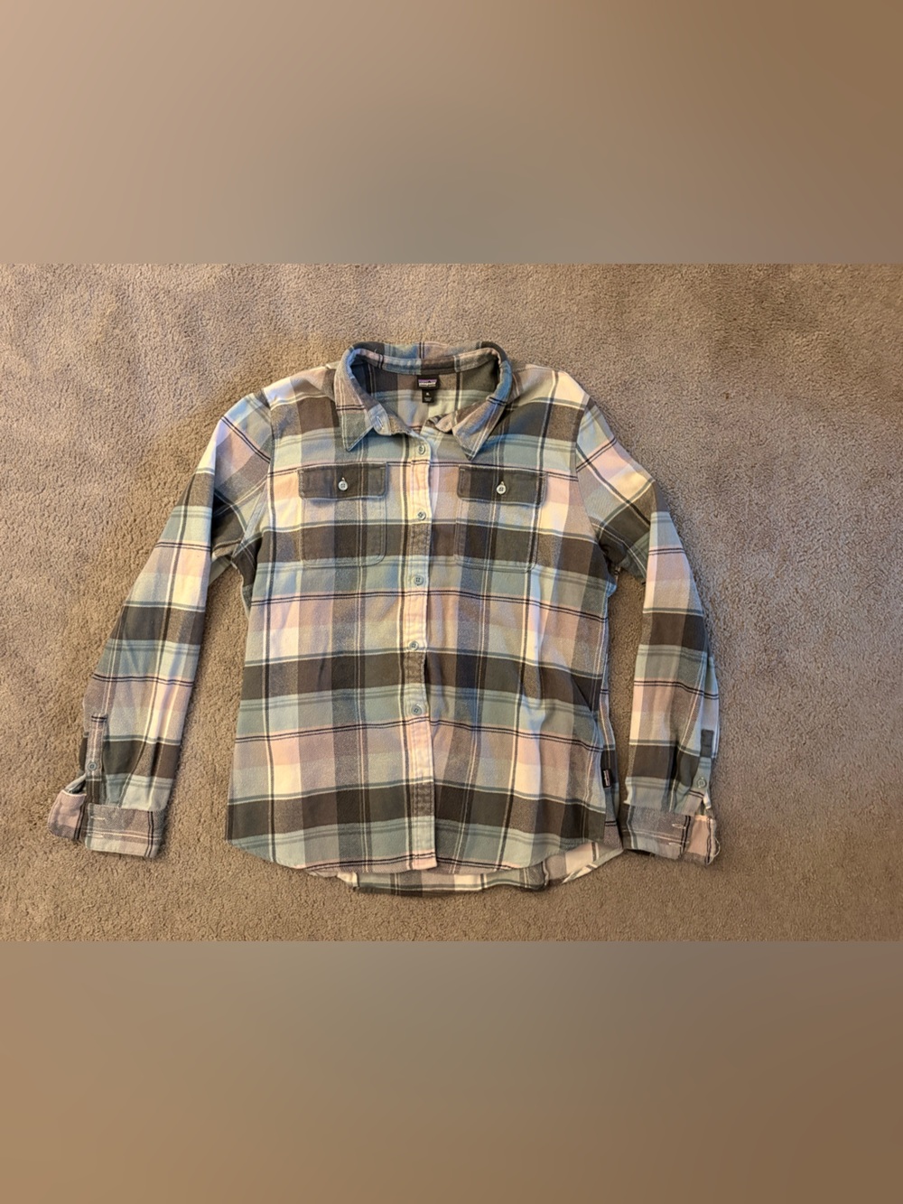 Patagonia Plaid Button-Down Shirt in Pastel Blue, Pink & Gray